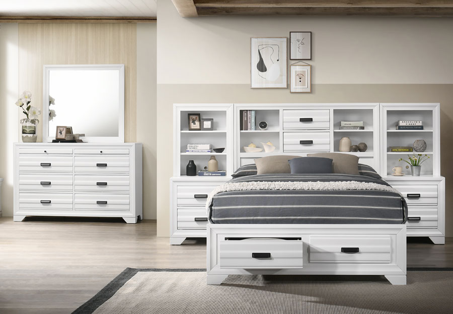Lifestyle Belcourt White Queen Bookcase and Storage Bed with Dresser, Mirror, Two Piers and Two Nightstands