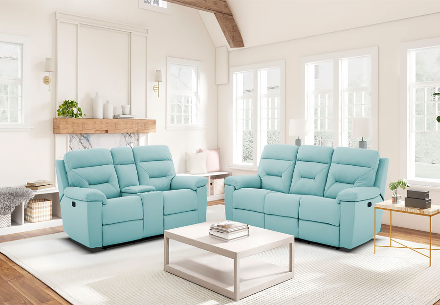 Kuka Grand Point Pastel Blue Leather Match Manual Reclining Sofa and Reclining Console Loveseat