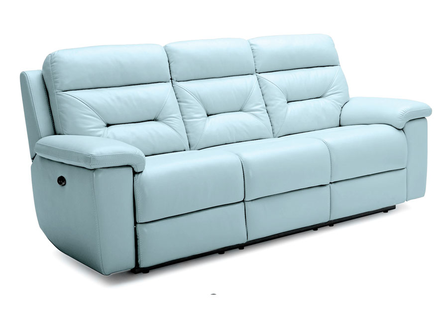 Kuka Grand Point Pastel Blue Power Leather Match Reclining Sofa and Reclining Console Loveseat