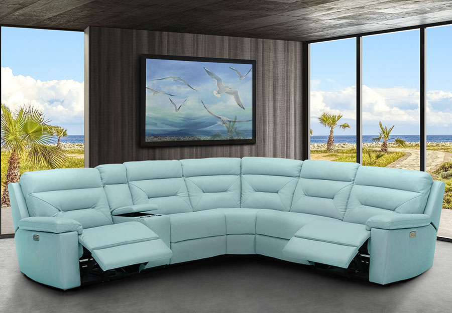 Kuka Grand Point Pastel Blue Three Seat Dual Power Reclining Leather Match Sectional