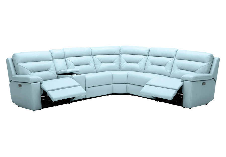 Kuka Grand Point Pastel Blue Three Seat Dual Power Reclining Leather Match Sectional