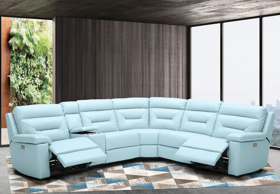 A Grand Point Pastel Blue Two Seat, Navy Leather Sectional Sofa
