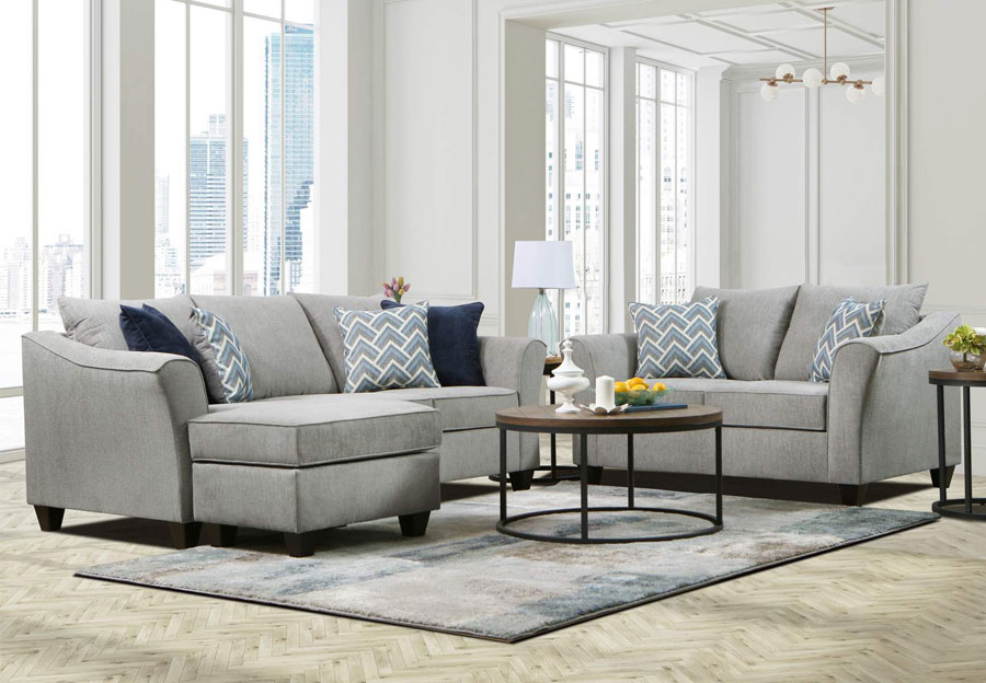 Lane Cayman Beach House Silver Chaise Sofa and Loveseat with Blue Jay and Valencia Indigo Accent Pillows