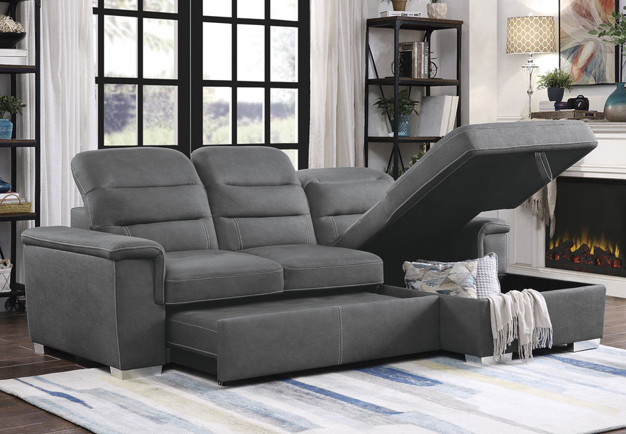 Homelegance Alfio Grey Two-Piece Chaise Sectional with Pull-out Bed and Hidden Storage