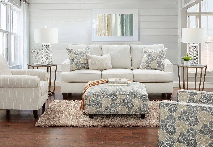 Fusion Max Pearl Sofa and Loveseat with Shiplap Sand and Seashore Sand Accent Pillows