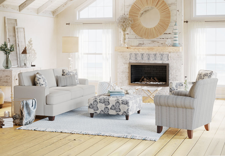 Fusion Max Pearl Sleeper Sofa and Loveseat with Shiplap Sand and Seashore Sand Accent Pillows