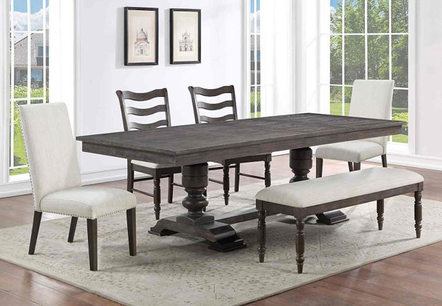 Steve Silver Hutchins Charcoal Dining Table with Two Side Chairs and a Bench