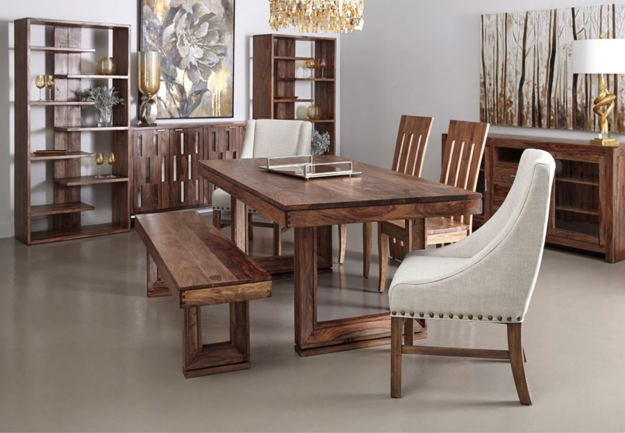 Jaipur Brownstone Sheesham Dining Table with One Bench and Two Chairs