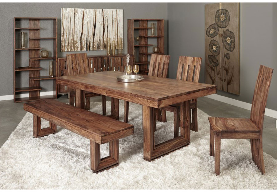 Jaipur Brownstone Sheesham Dining Table with One Bench and Two Chairs