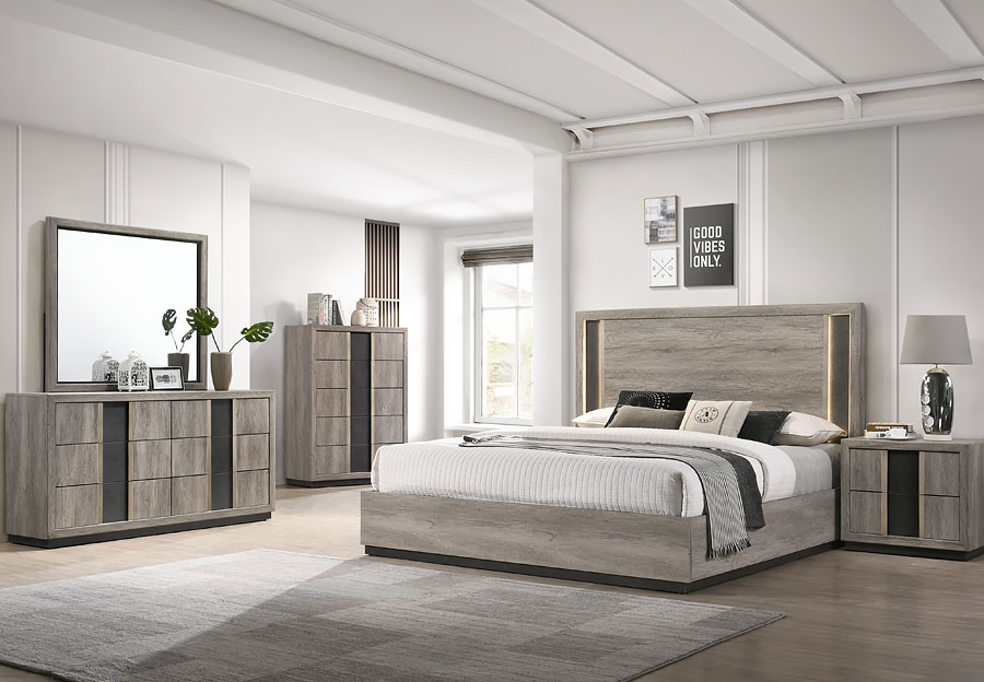 Lifestyles Sofia Grey King Size Bedroom Set with Dresser and Mirror