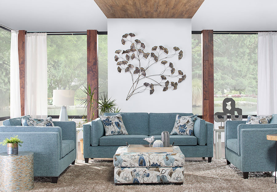Hughes Titan Cruise Sofa and Loveseat with Delightful Azure Pillows