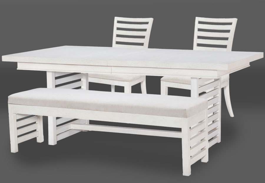 Legacy Edgewater White Trestle Dining Table with Two Chairs and Bench
