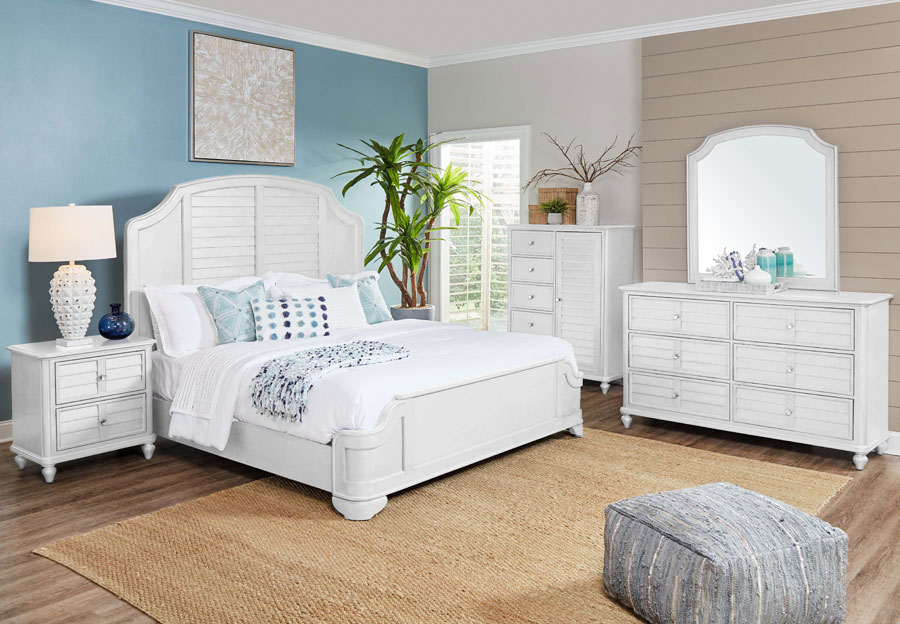 Powell Naples White King Panel Bed, Dresser and Mirror