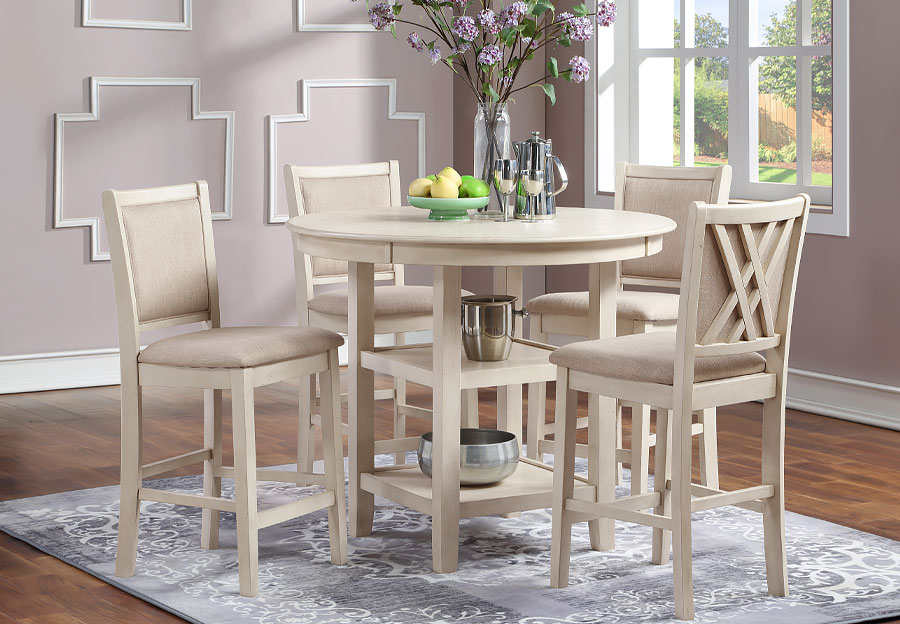 New Classic Amy Bisque Round Counter Dining Table with Four Chairs