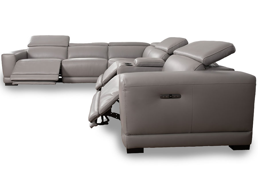 Cheers Rio Grey Three Seat Dual Power Reclining Leather Match Sectional with Storage Console