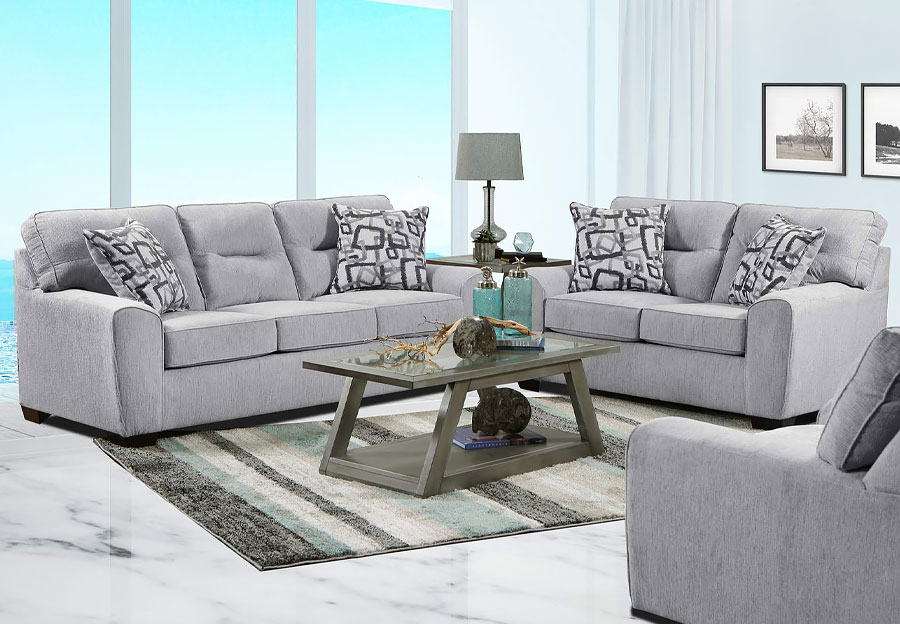 Behold Renzo Marble Sofa and Loveseat with Digital Seafoam Pillows