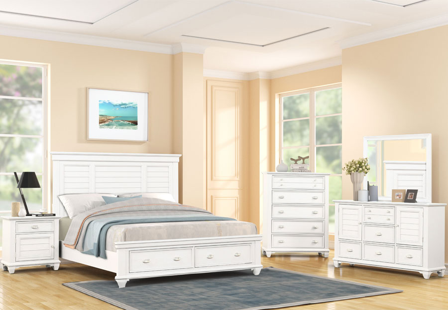 New Classic Jamestown White Queen Storage Bed, Dresser and Mirror