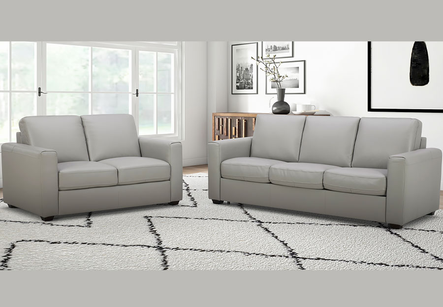 Kuka Aldon Light Grey Leather Sleeper Sofa with Innerspring Mattress and Loveseat