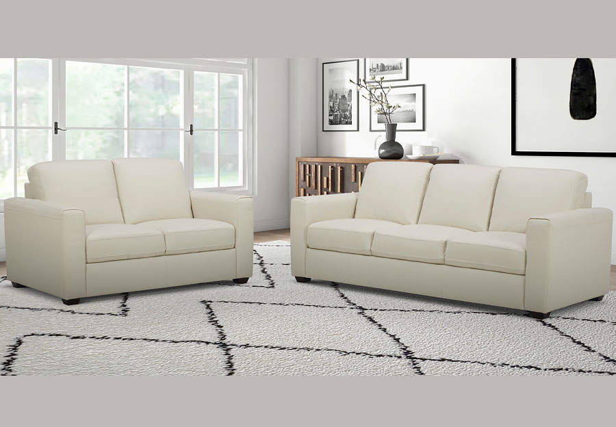 Kuka Aldon Coconut Milk Leather Sleeper Sofa with Memory Foam Mattress and Loveseat