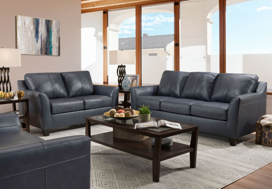 Leather Italia Keenan Blue Leather Match Sleeper Sofa with Upgraded Memory Foam Mattress and Loveseat