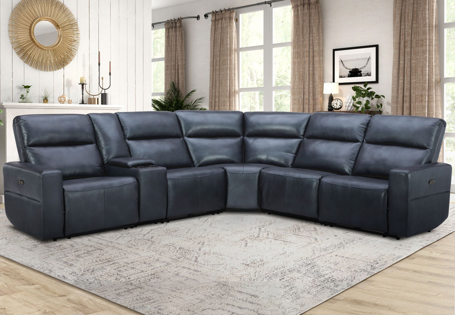 Kuka Relax Ave Navy Leather Match Three Seat Dual Power Reclining Sectional with Storage Console