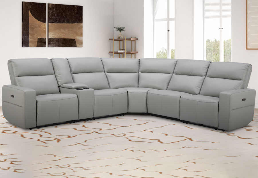Kuka Relax Ave Light Grey Leather Match Three Seat Dual Power Reclining Sectional with Storage Console