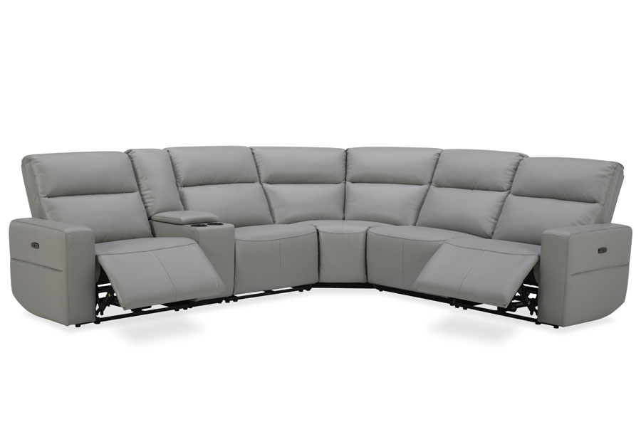 Kuka Relax Ave Light Grey Leather Match Three Seat Dual Power Reclining Sectional with Storage Console
