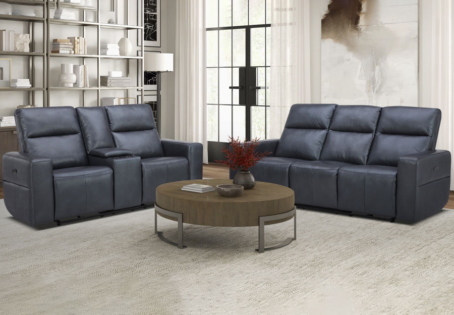 Kuka Relax Ave Navy Leather Match Dual Power Reclining Sofa and Reclining Console Loveseat
