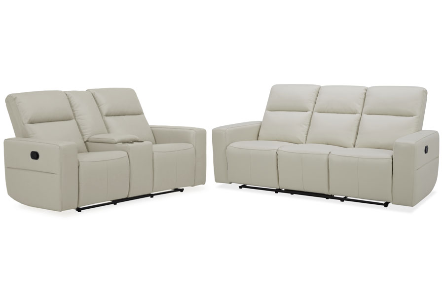 Kuka Relax Ave Ivory Leather Match Manual Reclining Sofa and Reclining Console Loveseat