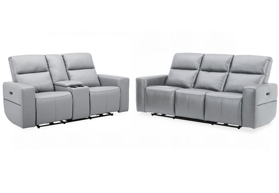 Kuka Relax Ave Light Grey Leather Match Dual Power Reclining Sofa and Reclining Console Loveseat