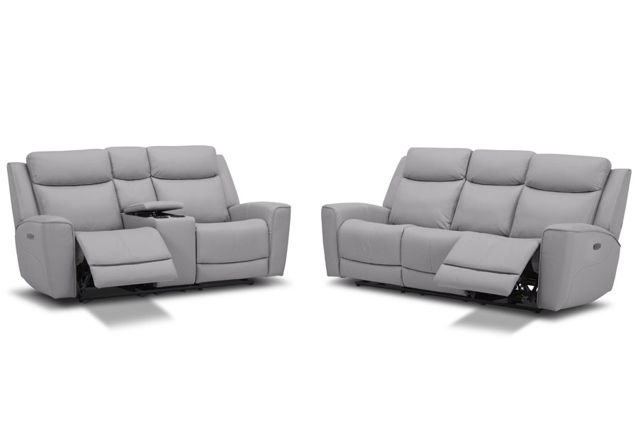 Kuka Tahoe Silver Dual Power Reclining Sofa and Reclining Console Loveseat