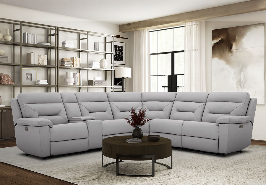 Kuka Grand Point Light Grey Leather Match Two Seat Dual Power Reclining Sectional