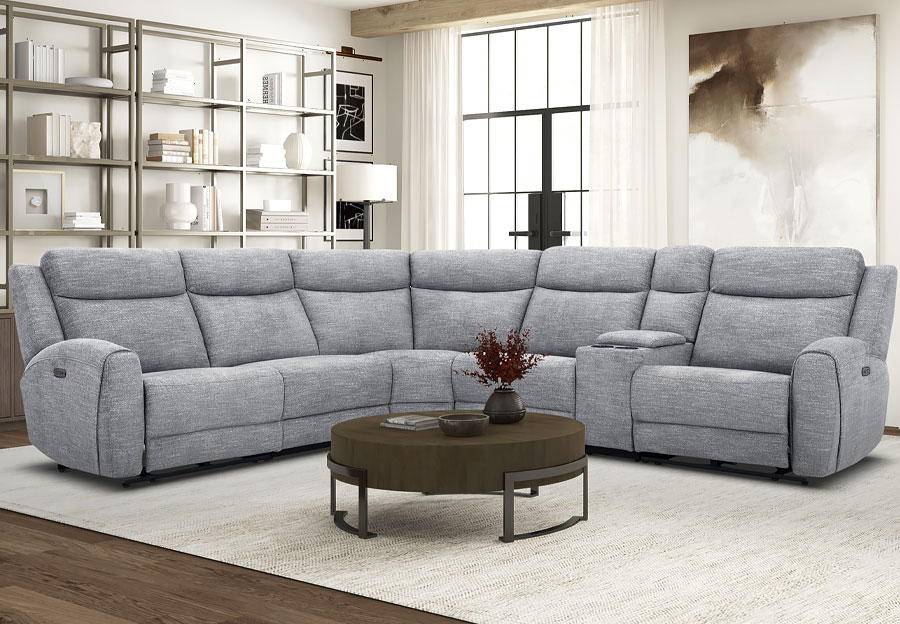 Kuka Defender Sky Fabric Two Seat Dual Power Reclining Sectional with Storage Console