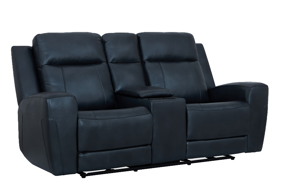 Kuka Brady Navy Leather Match Manual Reclining Console Loveseat