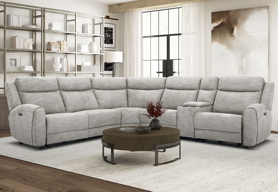 Kuka Defender Sand Fabric Two Seat Dual Power Reclining Sectional with Storage Console