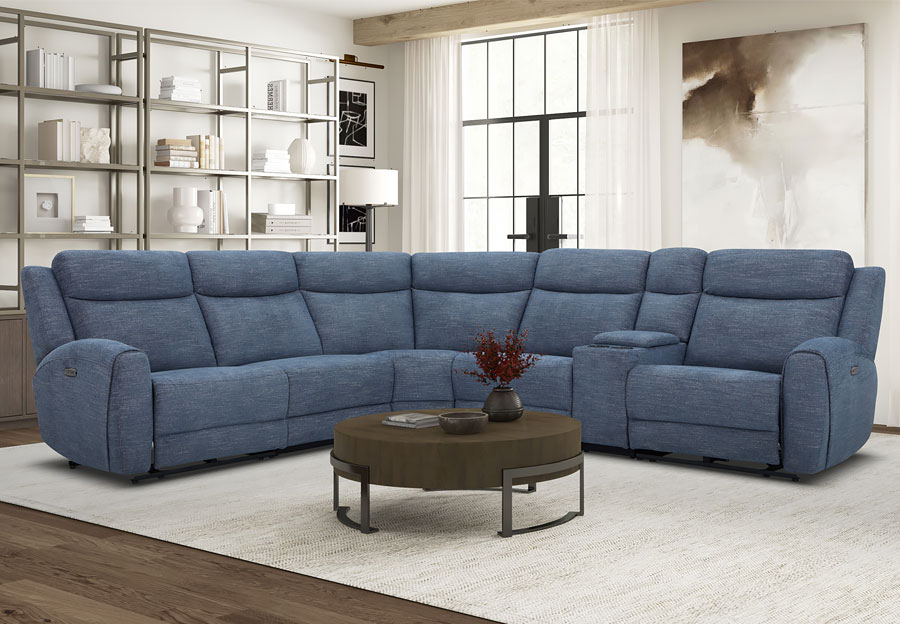 Kuka Defender Denim Fabric Two Seat Dual Power Reclining Sectional with Storage Console