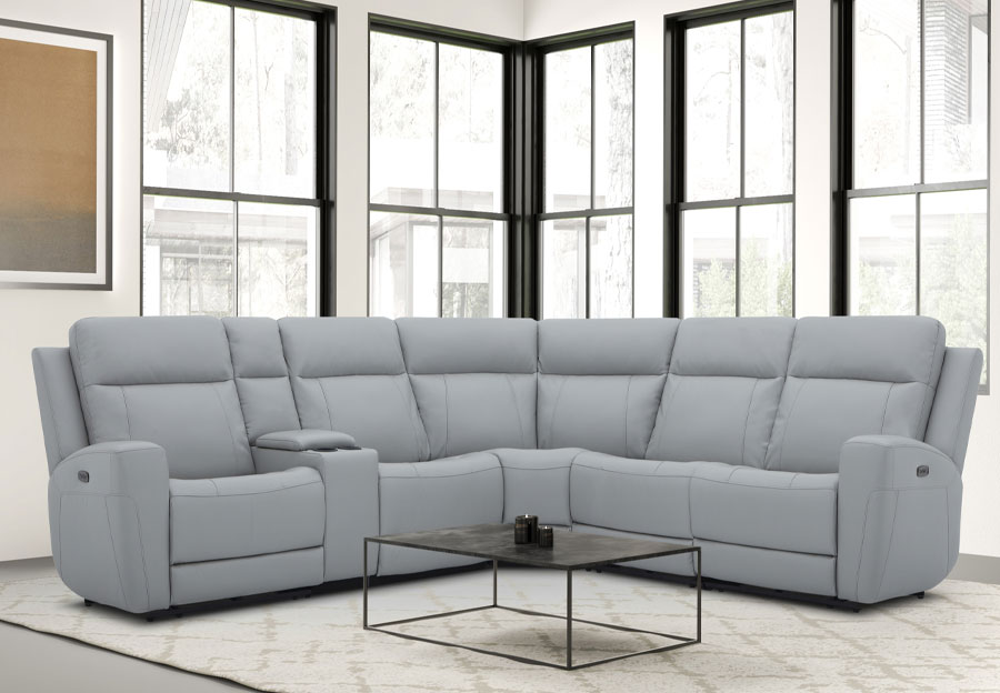 Kuka Brady Light Grey Leather Match Two Seat Dual Power Reclining Sectional with Storage Console