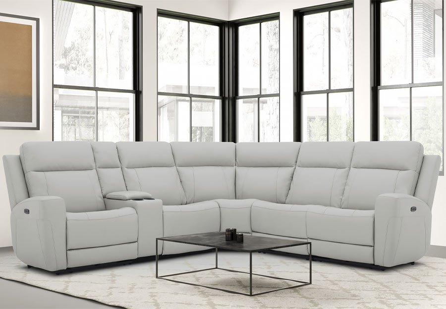 Kuka Brady Ivory Leather Match Two Seat Dual Power Reclining Sectional with Storage Console