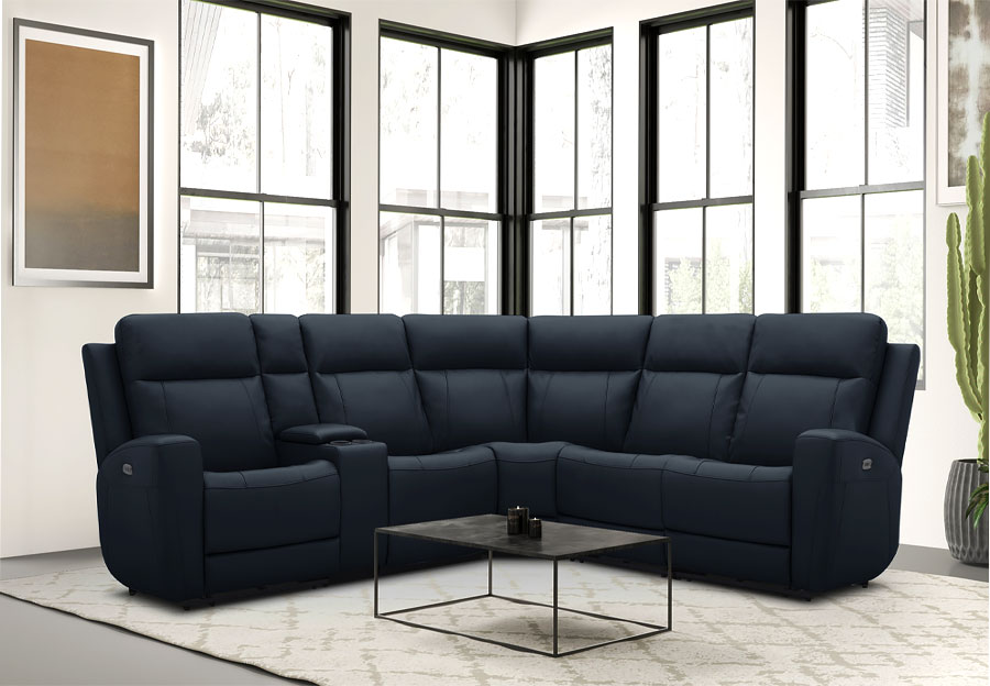 Kuka Brady Navy Leather Match Two Seat Dual Power Reclining Sectional with Storage Console