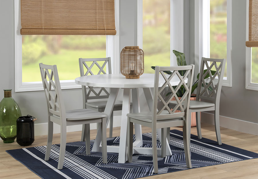 Powell Maui White Round Table With Four Grey Side Chairs