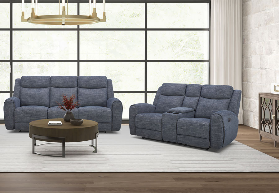 Kuka Defender Denim Fabric Dual Power Reclining Sofa and Reclining Console Loveseat