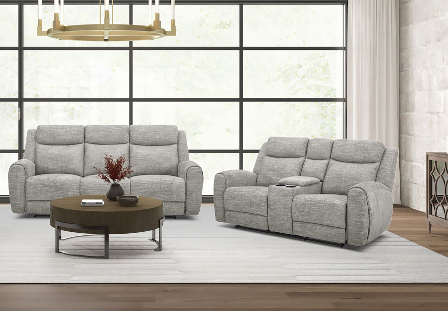 Kuka Defender Sand Fabric Manual Reclining Sofa and Reclining Console Loveseat