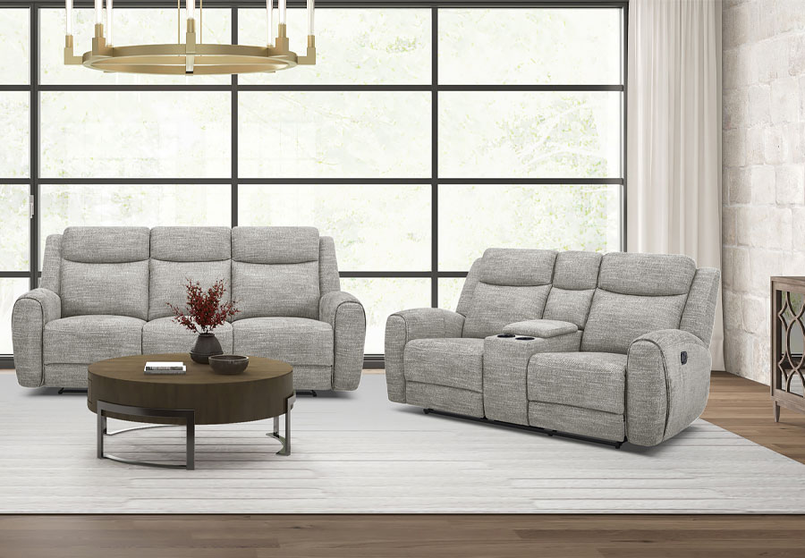 Kuka Defender Sand Fabric Dual Power Reclining Sofa and Reclining Console Loveseat