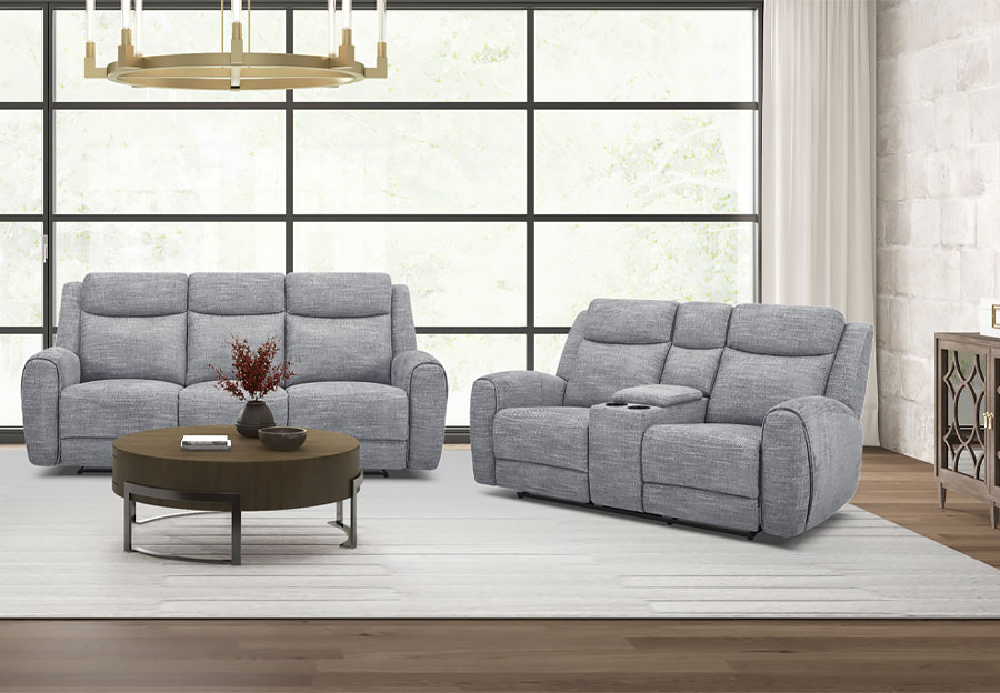 Kuka Defender Sky Fabric Manual Reclining Sofa and Reclining Console Loveseat