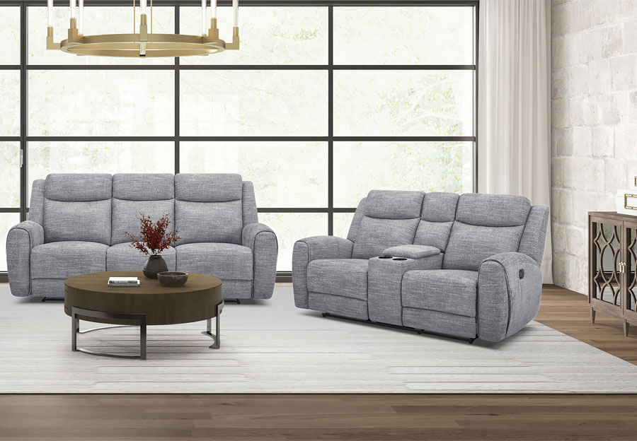 Kuka Defender Sky Fabric Dual Power Reclining Sofa and Reclining Console Loveseat