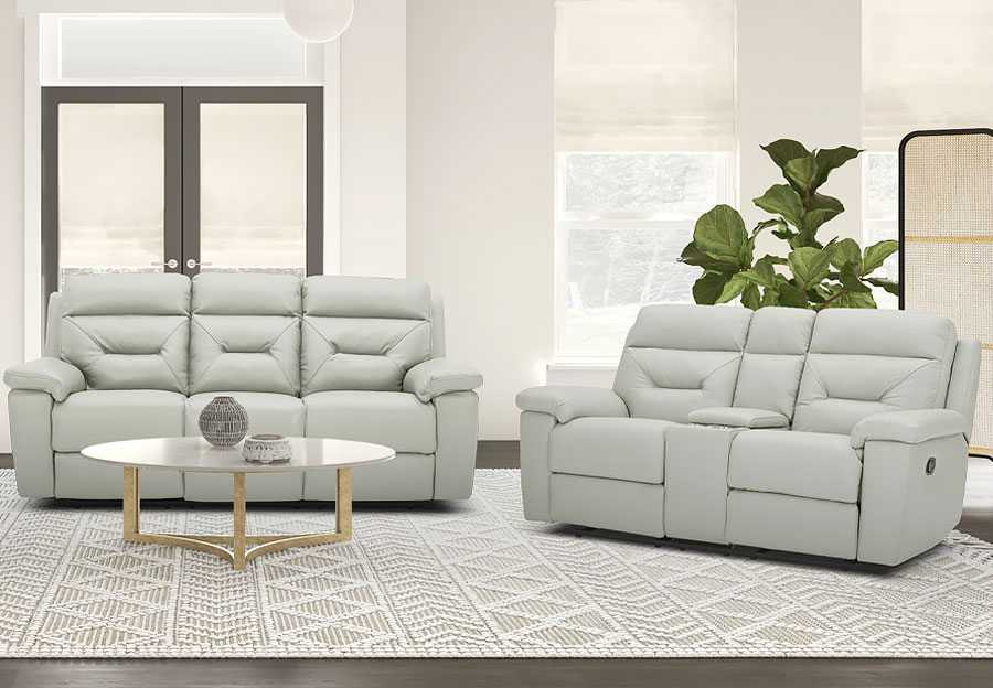 Kuka Grand Point Pearl Leather Match Manual Reclining Sofa and Reclining Console Loveseat