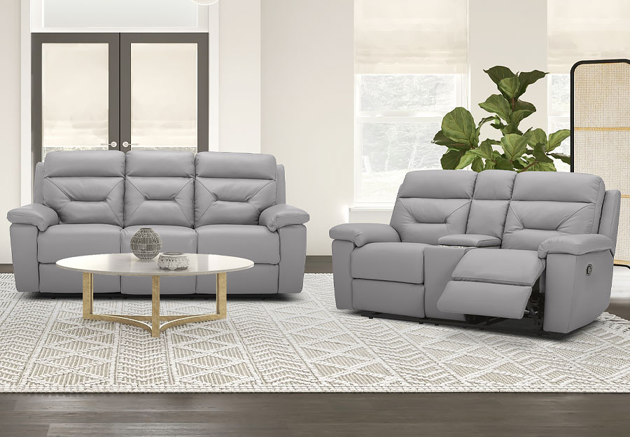 Kuka Grand Point Light Grey Leather Match Manual Reclining Sofa and Reclining Console Loveseat