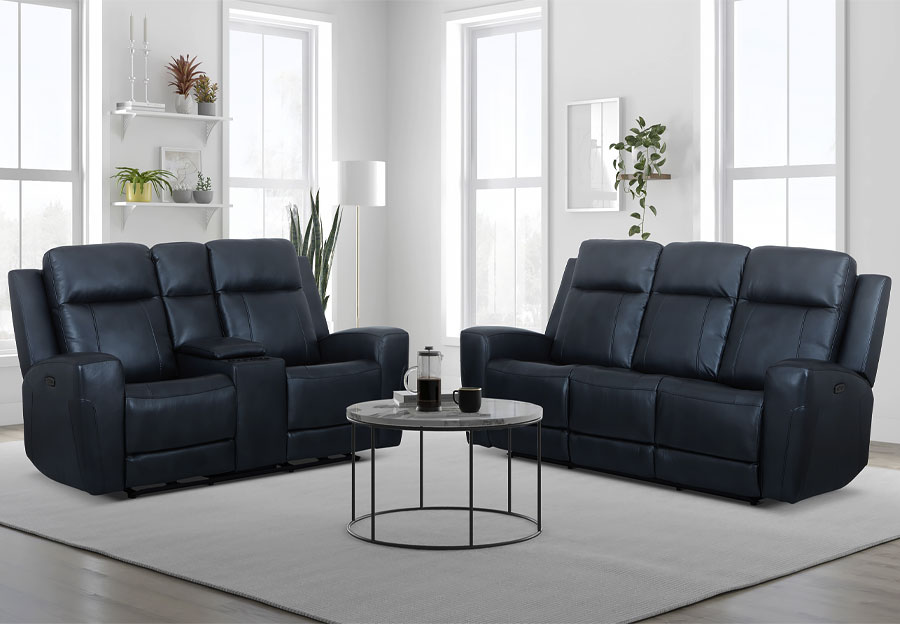 Kuka Brady Navy Leather Match Manual Reclining Sofa and Reclining Console Loveseat