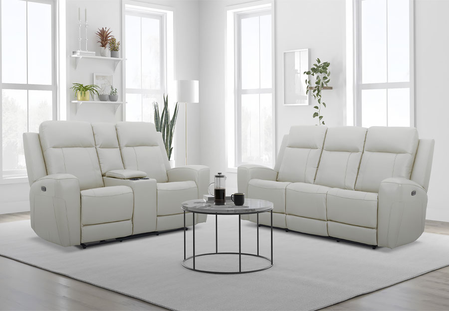 Kuka Brady Ivory Leather Match Manual Reclining Sofa and Reclining Console Loveseat