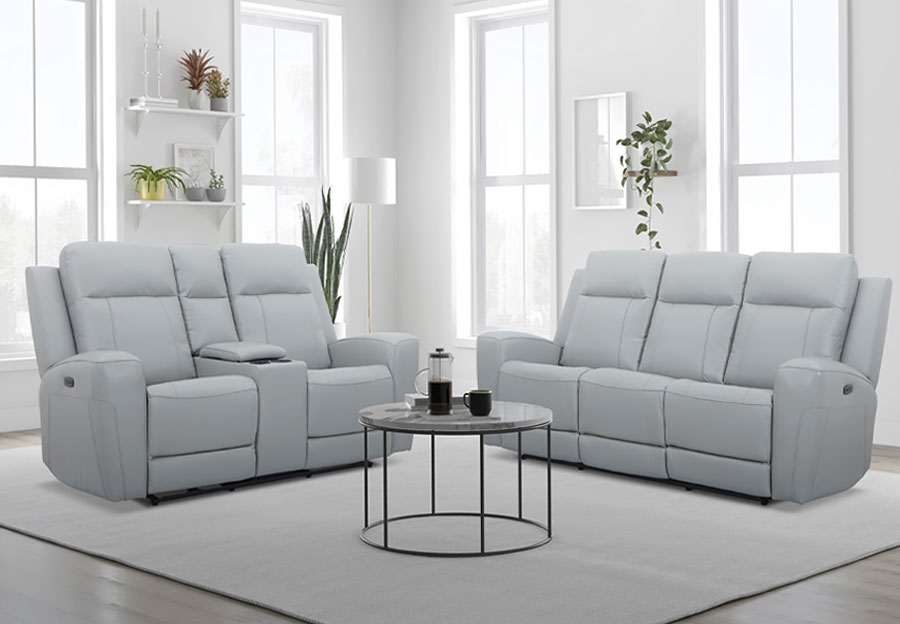 Kuka Brady Light Grey Leather Match Manual Reclining Sofa and Reclining Console Loveseat